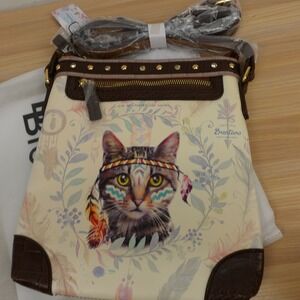Y2K Western Boho Crossbody Bag BRENTANO Cream Brown Feline Cat Studded Vegan NEW